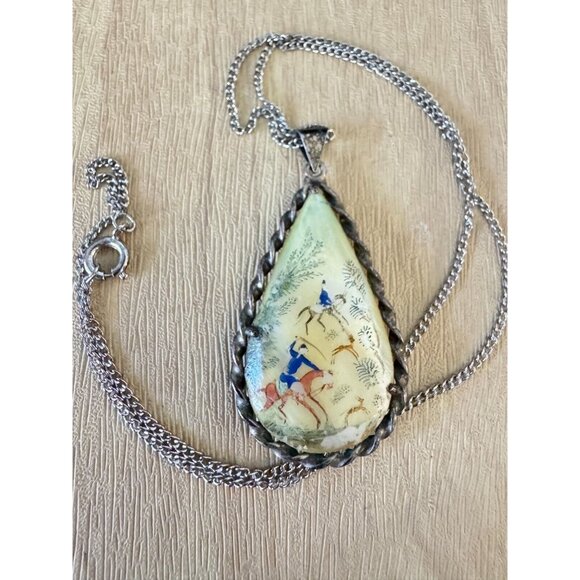 Vintage Persian Hand-Painted Teardrop Pendant Necklace W/ Horse & Bird Design Mo - Picture 1 of 6